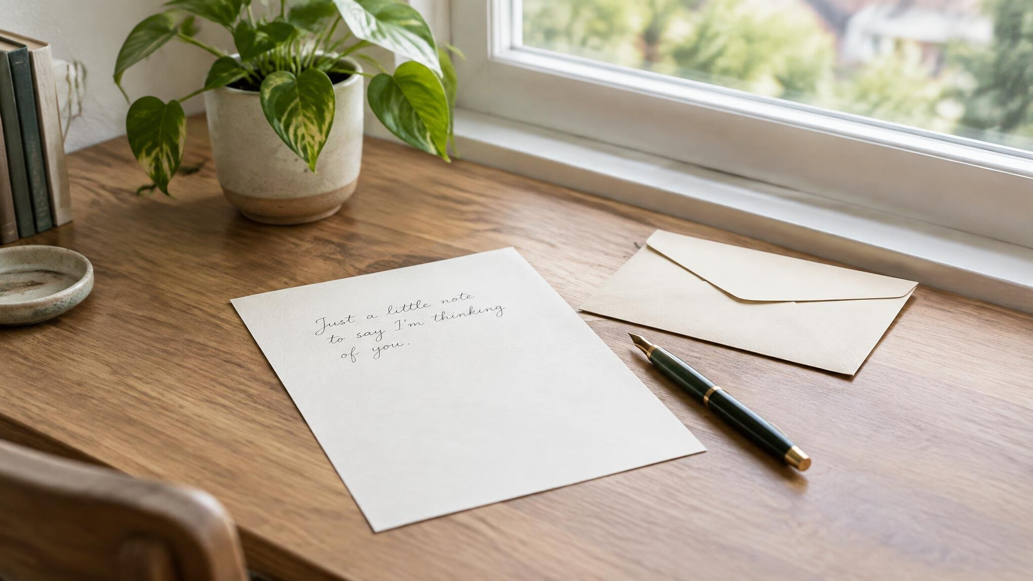 Writing desk with a handwritten letter, an envelope and a pen by a window