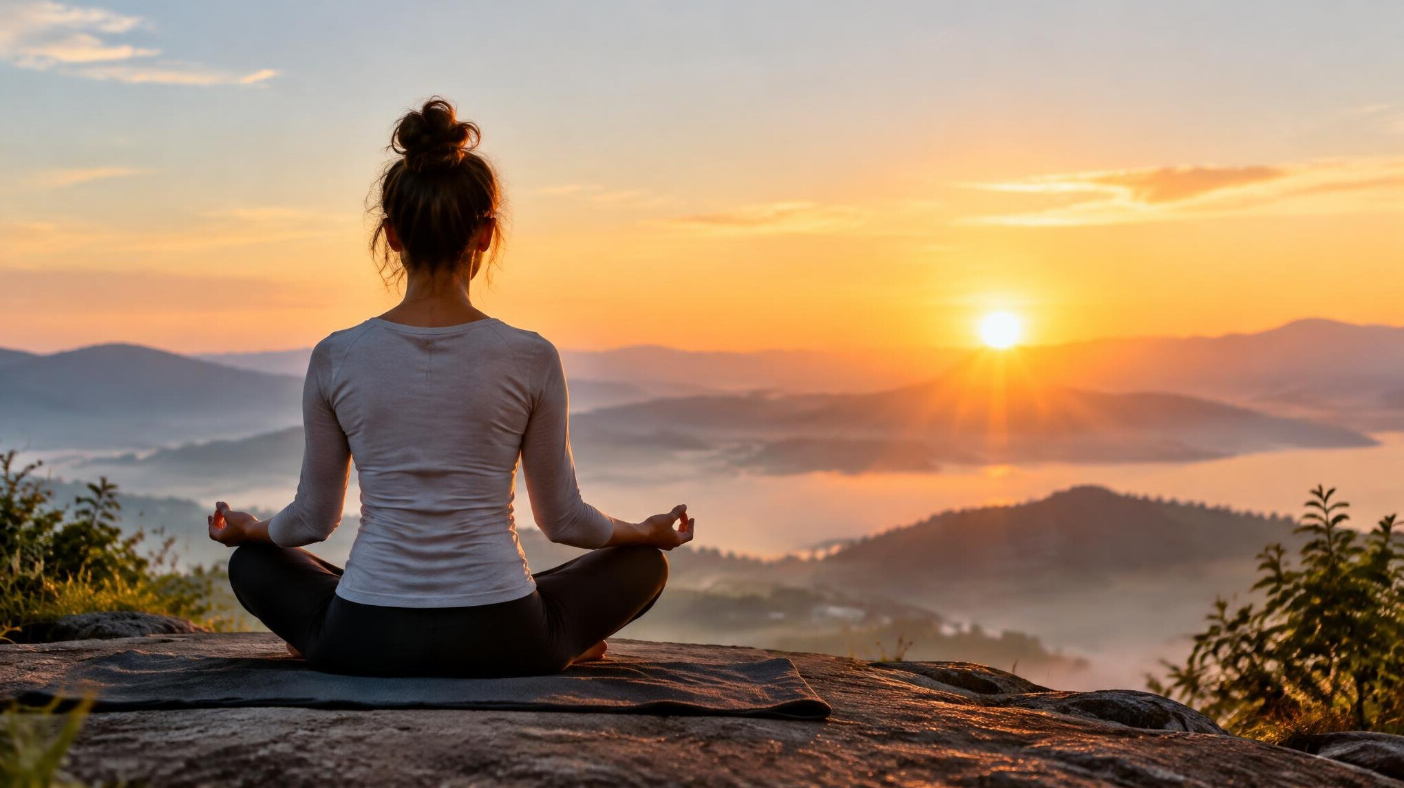 person meditating at sunrise